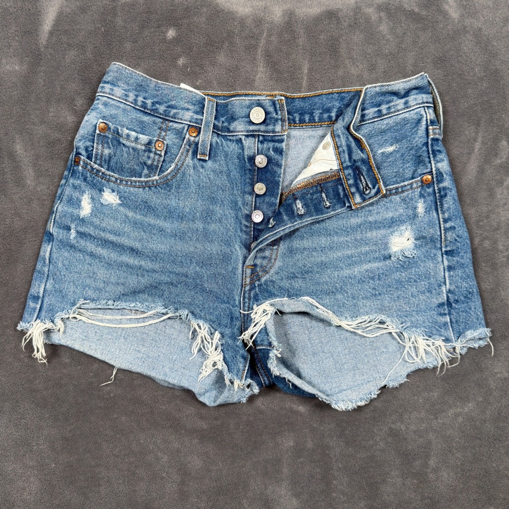 Levis Premium 501 Original Cut Off Denim Shorts W27 Distressed Medium Wash Big E
